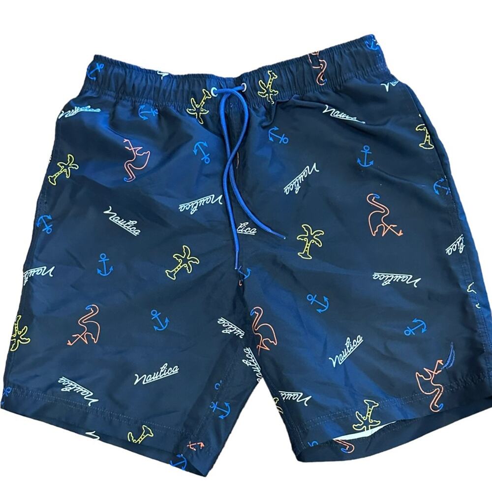 Nautica Mens Small Navy Print Swim Trunks